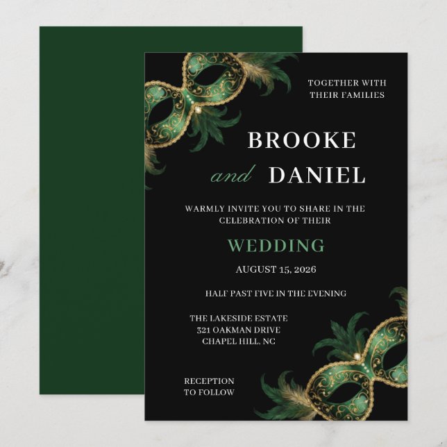 Invitation Mariage Masqué à Plumes Vert et Or Chic (Devant / Derrière)