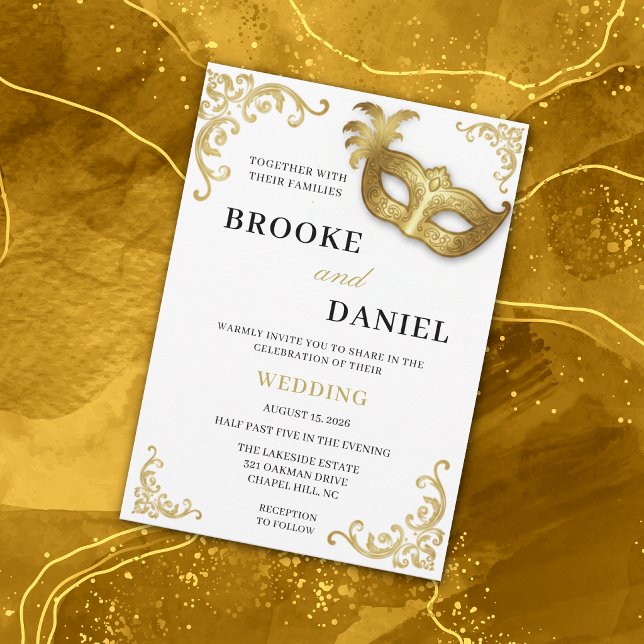 Invitation Mariage Masqué avec Cadre Élégant Blanc et Or (Créateur téléchargé)