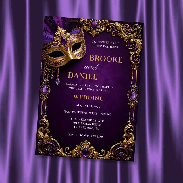 Invitation Mariage Masqué de Luxe Violet et Or (Créateur téléchargé)