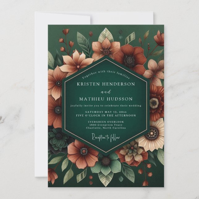 Invitation Mariage Maussade de Vert Émeraude et Rouille (Devant)