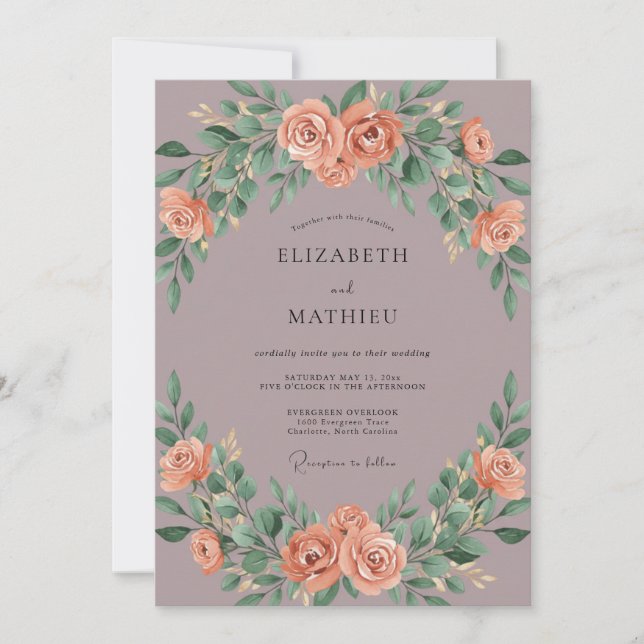 Invitation Mariage Mauve Corail Eucalyptus (Devant)