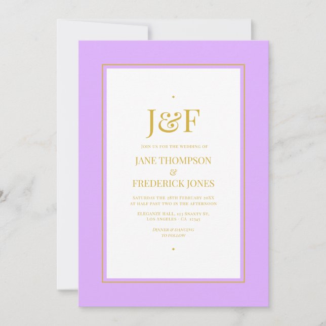 Invitation Mariage Mauve et Or Typographie Tendance (Devant)