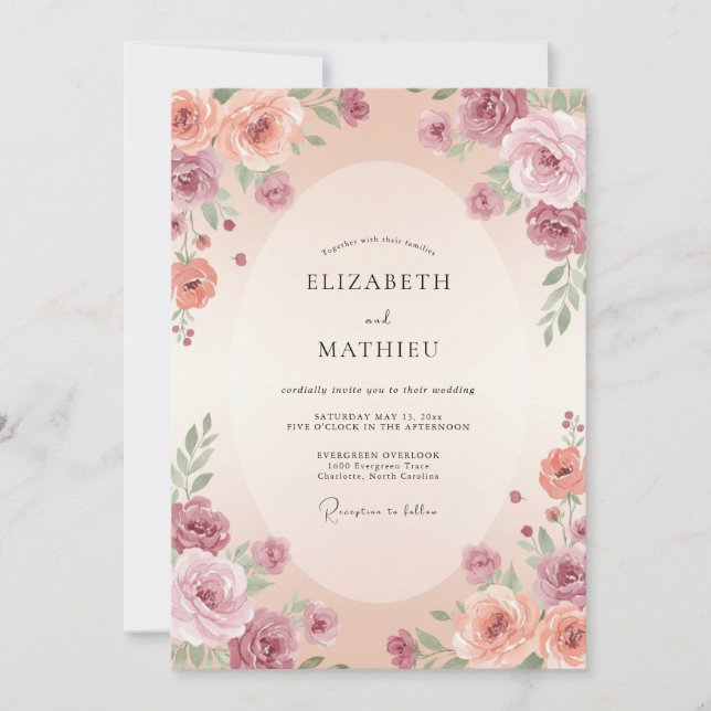 Invitation Mariage Mauve Floral Embrassant Peche (Devant)