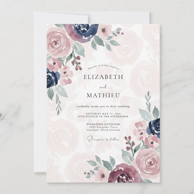 Invitation Mariage Mauve Indigo Pivoine (Devant)