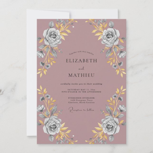 Invitation Mariage Mauve Or Pivoine (Devant)