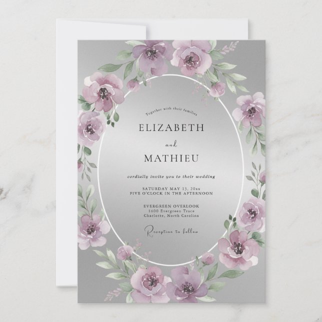 Invitation Mariage Mauve Poli Argent (Devant)