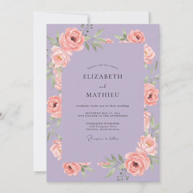 Invitation Mariage Mauve Saumon Ranunculus Eucalyptus (Devant)