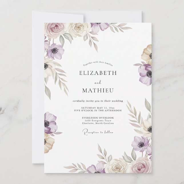 Invitation Mariage Mauve Taupe Ranunculus Eucalyptus (Devant)