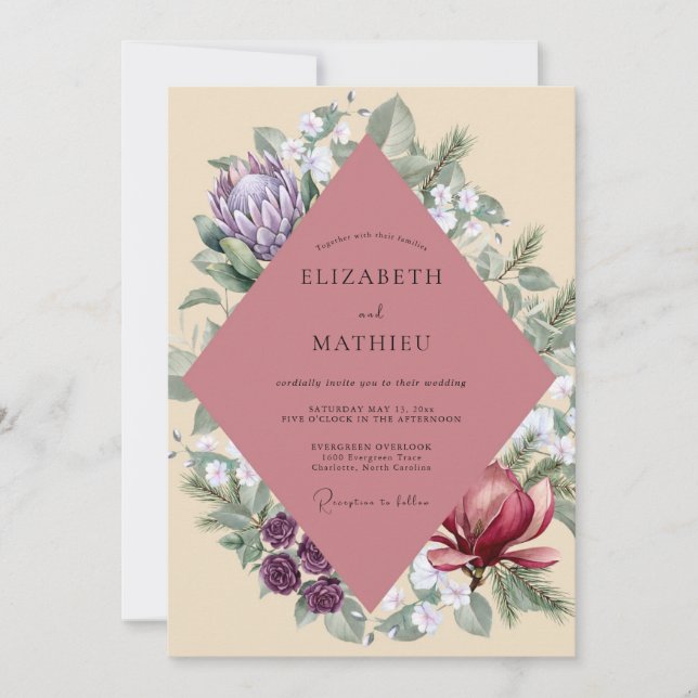 Invitation Mariage Mauve Violet Protea Eucalyptus (Devant)