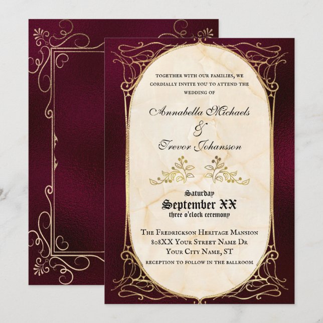 Invitation Mariage Médiéval Bourguignon et Or (Devant / Derrière)