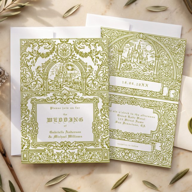 Invitation Mariage Médiéval Château Royal Vintage Vert Olive (Créateur téléchargé)