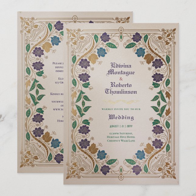Invitation Mariage Médiéval de Ton Bijou en Or Orné (Devant / Derrière)