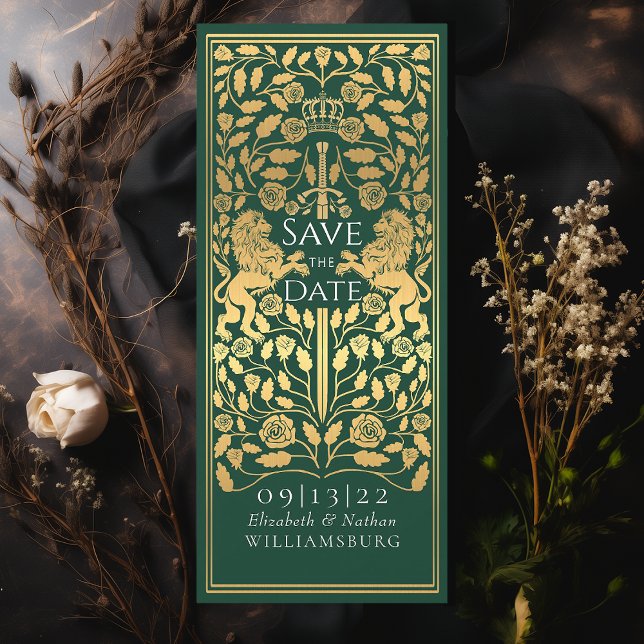 Invitation Mariage médiéval d'or du Lion royal vert (Créateur téléchargé)
