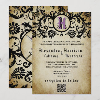 Invitation Mariage médiéval du Moyen Âge en damas violet et o