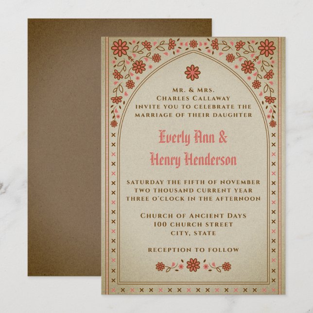 Invitation Mariage Médiéval Élégant Terracotta Floral  (Devant / Derrière)