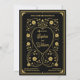 Invitation Mariage Médiéval Épée d'Or & Cœurs Floraux 