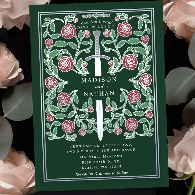Invitation Mariage Médiéval Fantastique à l'Épée Argentée Ver (Créateur téléchargé)