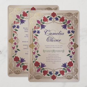 Invitation Mariage Médiéval Floral Ton de Bijou Or