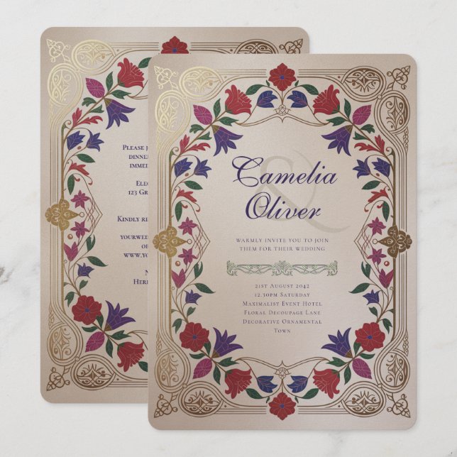 Invitation Mariage Médiéval Floral Ton de Bijou Or (Devant / Derrière)