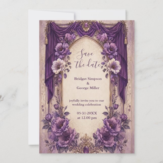Invitation Mariage Médiéval Gothique Arche Pourpre Drapée  (Devant)