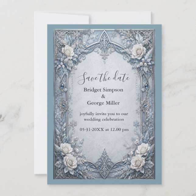 Invitation Mariage Médiéval Gothique Hiver Glace Argent (Devant)