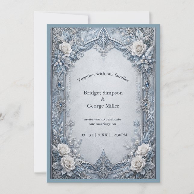Invitation Mariage Médiéval Gothique Hiver Glace Argent (Devant)