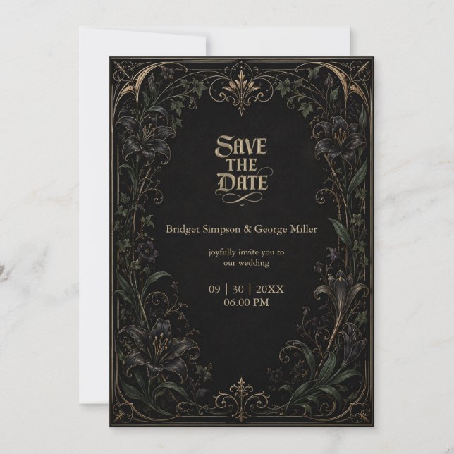Invitation Mariage médiéval gothique Lily Ivy Or (Devant)
