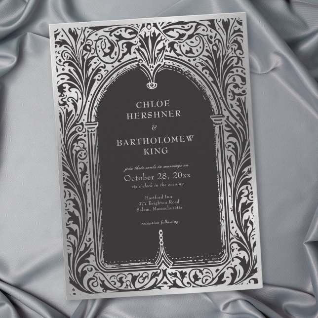 Invitation Mariage médiéval gothique noir argenté (Gothic Black Silver Medieval Wedding Invitation)