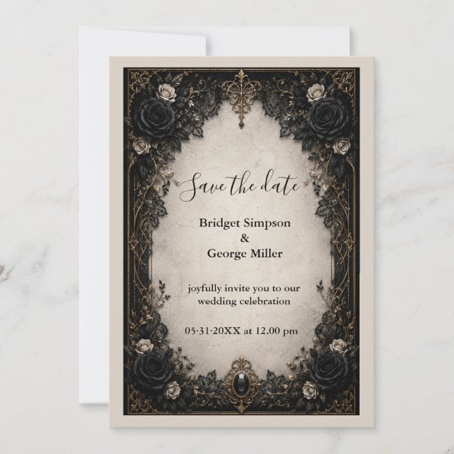 Invitation Mariage Médiéval Gothique Noir Rose Noire (Devant)