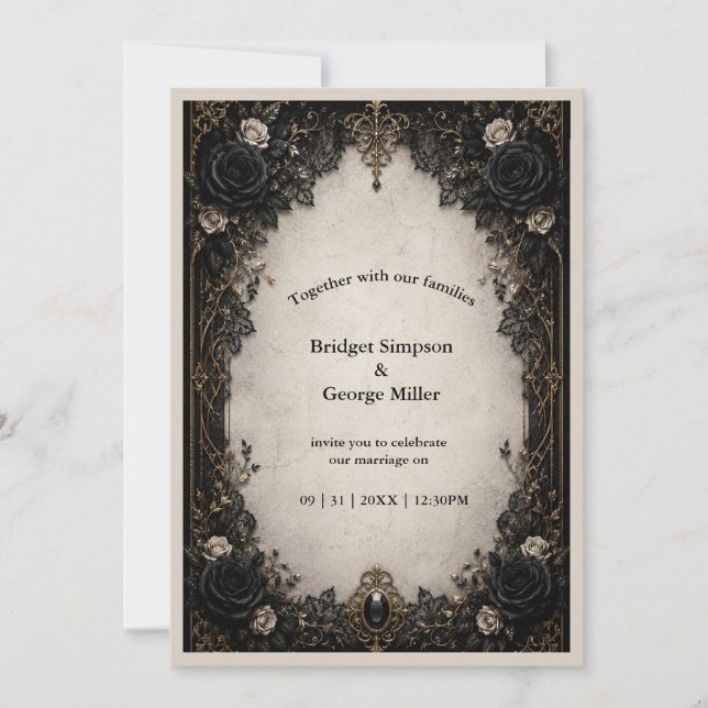 Invitation Mariage Médiéval Gothique Noir Rose Noire (Devant)