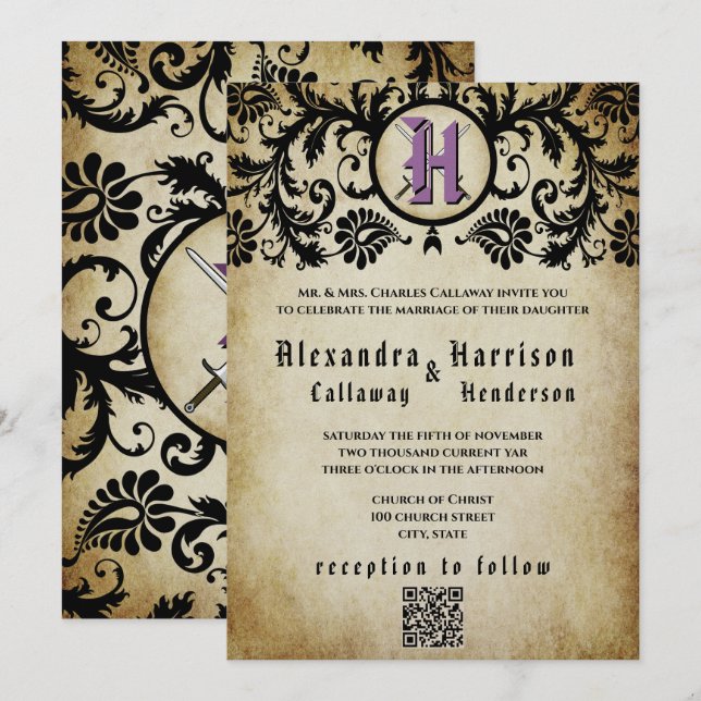 Invitation Mariage médiéval Moyen Âge damas violet et or  (Devant / Derrière)