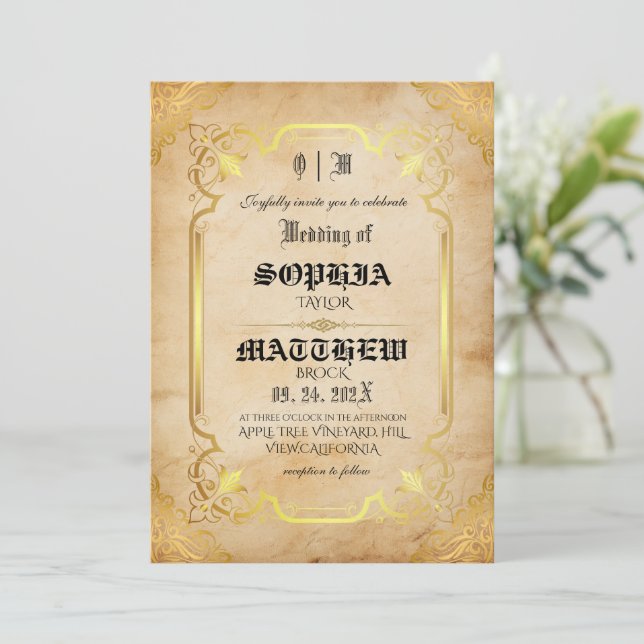 Invitation Mariage médiéval or personnalisable (Debout devant)