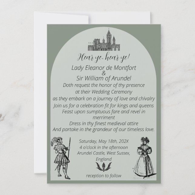 Invitation Mariage Médiéval Renaissance Vert Sauge Arqué (Devant)