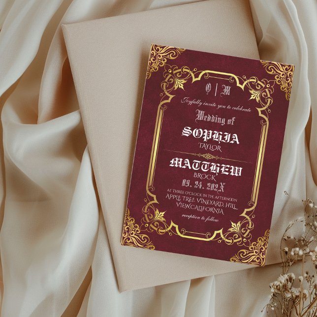 Invitation Mariage Médiéval Royal Bourgogne Or (Créateur téléchargé)