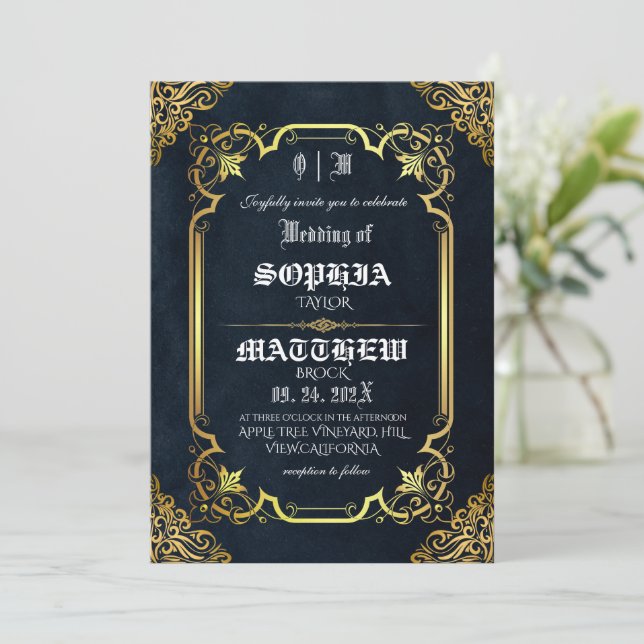 Invitation Mariage Médiéval Royal Or en Noir (Debout devant)