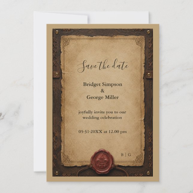 Invitation Mariage Médiéval Rustique en Cire de Cuir (Devant)