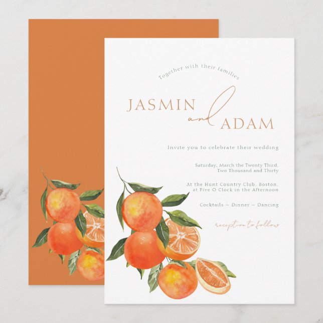 Invitation Mariage méditerranéen à l'aquarelle orange et citr (Devant / Derrière)