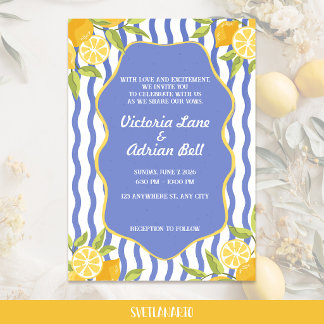 Invitation Mariage Méditerranéen au citron et rayures bleues