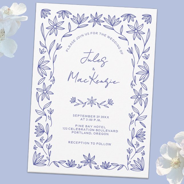 Invitation Mariage Méditerranéen Bleu Blanc Floral (Modern Mediterranean wildflower line art blue and white wedding invitation)