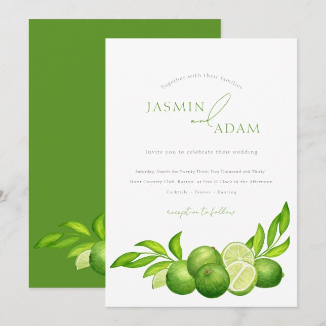 Invitation Mariage Méditerranéen Botanique Lime Élégant (Devant / Derrière)