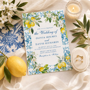 Invitation Mariage Méditerranéen Carrelage Bleu Citron de Sty