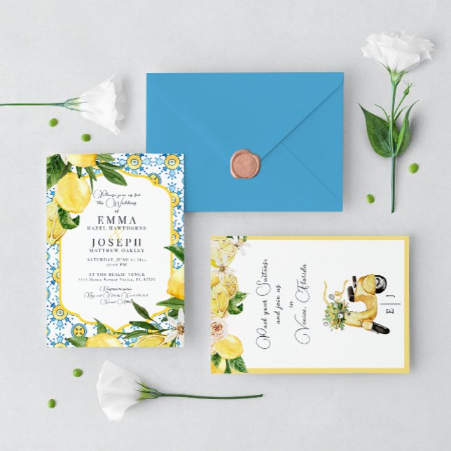 Invitation Mariage méditerranéen citron bleu vif (Créateur téléchargé)