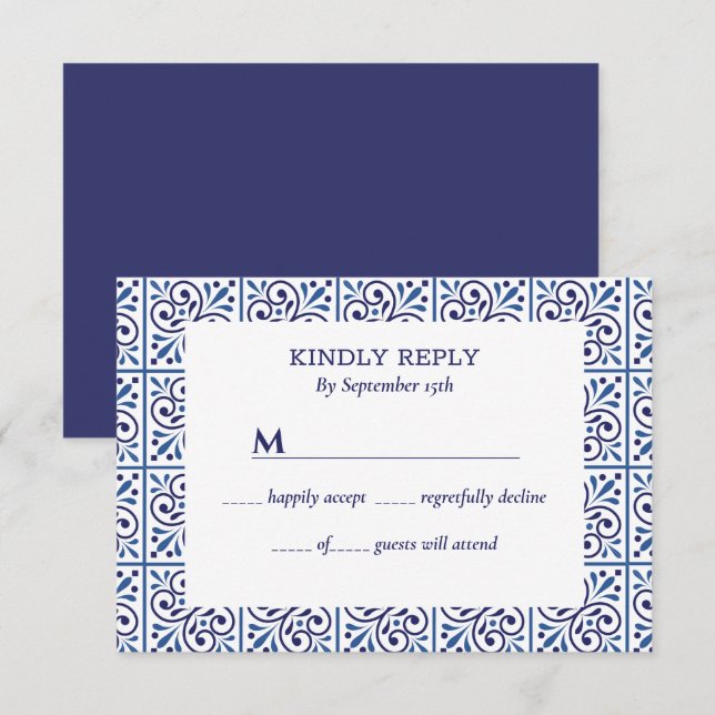 Invitation Mariage méditerranéen Indigo Tile de la marine esp (Devant / Derrière)