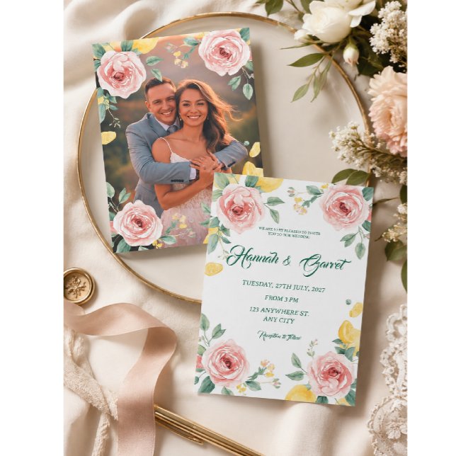 Invitation Mariage Méditerranéen Rose Blush & Citron (Créateur téléchargé)