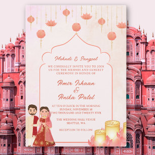 Invitation Mariage Mehndi Sangeet Lanternes Lotus Rose Pêche