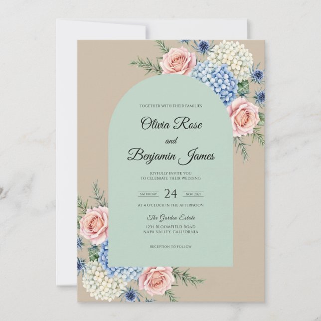 Invitation Mariage Menthe Bleuet Hydrangea Eucalyptus Doux (Devant)