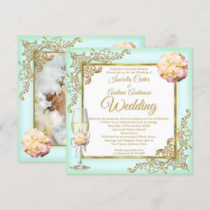 Invitation Mariage Menthe Corail Champagne Or Perle Photo