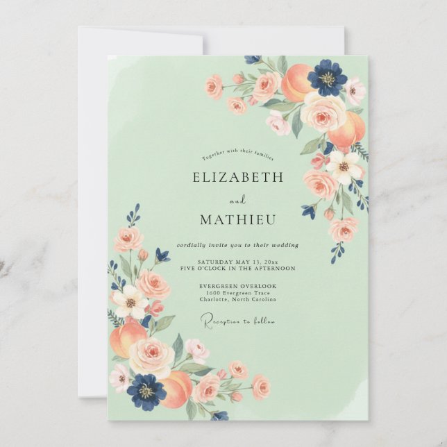 Invitation Mariage Menthe Corail Indigo Ranunculus Eucalyptus (Devant)