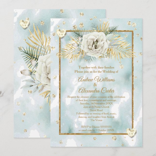 Invitation Mariage Menthe Sarcelle Or marbre Rose Floral (Devant / Derrière)