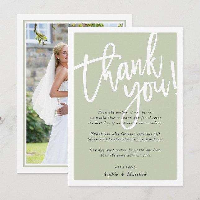 Invitation MARIAGE MERCI brosse texte écrit sauge vert (Devant / Derrière)